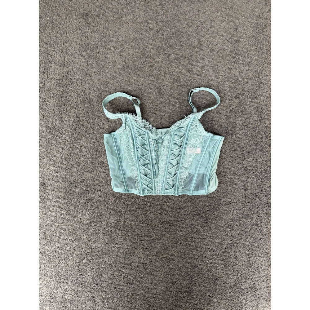 Victoria's Secret Sage Green Lace Up Corset Top Eyelash Trim L/G